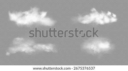 Realistic white fluffy clouds with fog or light smoke effect on a transparent background. Misty atmosphere element for overlaying on images, dramatic scenes or weather visual effects.