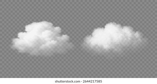 Realistic white fluffy clouds isolated on transparent background. Natural vapor shapes for weather design, sky elements or dreamy visual effects. Vector illustration.