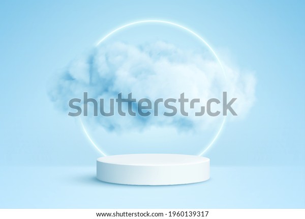 Realistic white fluffy clouds in\
product podium with neon circle on blue background. Cloud sky\
background for your design. Vector illustration\
EPS10