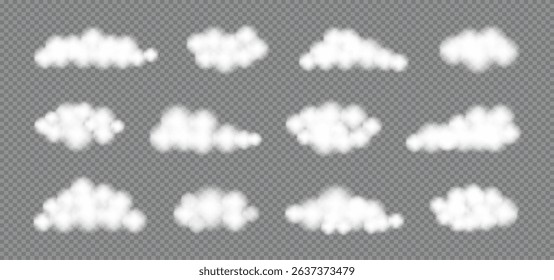 Realistic white fluffy Clouds set. Cloudy weather in 3d style. Soft blur effect. Overlay sky element for banner poster card