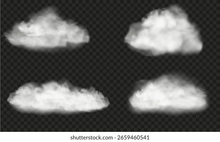 Realistic white fluffy clouds set. Soft, airy fog shapes. Vector illustration for weather, sky, nature background, atmosphere, design.
