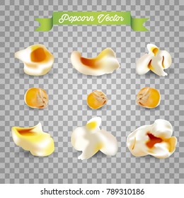 Realistic white fluffy popcorn 3d icons set isolated vector illustration