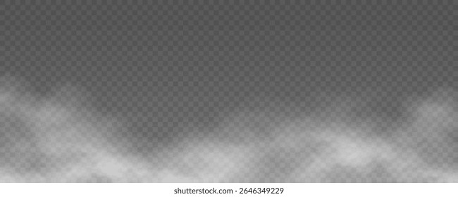 Efeito realista de nevoeiro branco e fumaça isolado em um fundo transparente. Misty elemento atmosfera para sobreposição em imagens, cenas dramáticas ou efeitos visuais cinematográficos. Ilustração vetorial.
