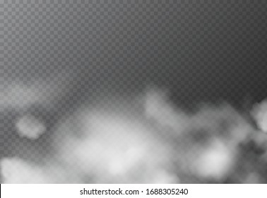 Realistic white fog or smoke isolated on transparent background. Atmosphere mist effect and smoke clouds special effect.