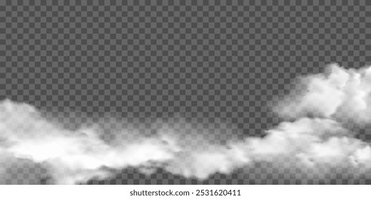 
Realistic white fog or smoke overlay effect on a transparent background. Vector illustration of mist, smog background