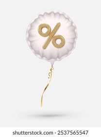 Realistic white foil circle balloon with gold ribbon and golden percent. Vector illustration for card, party, design, flyer, poster, decor, banner, web, advertising. Black Friday Sale