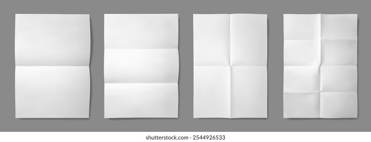 Realistic white folded posters, blank paper sheets with creases. Empty wrinkled A4 document page template, leaflet or letter mockup with folds vector set