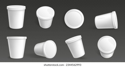 Realistic white food containers set isolated on transparent background. Vector illustration of 3D ice cream or yogurt bucket mockup with blank surface ready for branding. Paper box for meal storage