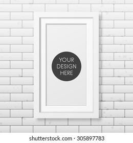 Realistic white frame on the brick wall background. It can be used for presentations. Vector EPS10 illustration. 