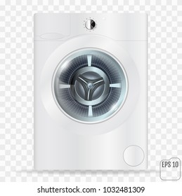 Realistic white front loading washing machine on a transparent background. Front view, close-up. Cosmic design. 3d realistic vector washer.