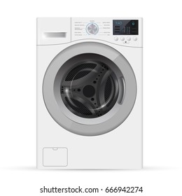 Realistic white front loading washing machine on a white background.
Front view, close-up. 3d realistic vector washer.