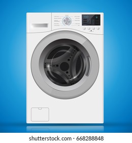 Realistic  white front loading washing machine on a  blue background. Front view, close-up. 3d realistic vector washer. closed door