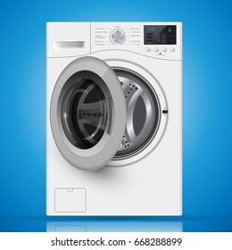 Realistic White Front Loading Washing Machine On A  Blue Background. Front View, Close-up. 3d Realistic Vector Washer. Opened Door