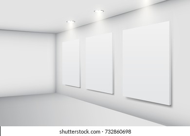 Realistic white gallery interior with empty picture frames, vector illustration