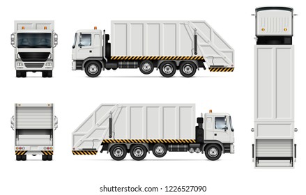 Realistic white garbage truck vector mockup. Isolated template of dump lorry on white background for vehicle branding, corporate identity. View from right side, easy to editing and recolor. svg
