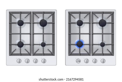 Realistic white gas stove top view. Realistic kitchen appliance set. 3D oven with on and off burners. Modern household equipment for cooking meal. Propane butane blue flame in cooking oven.