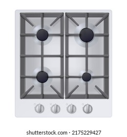 Realistic white gas stove top view. Realistic kitchen appliance. 3D oven with off burners. Modern household equipment for cooking meal. Propane butane blue flame in cooking oven.