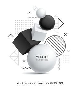 Realistic white geometric shapes form background with composition of abstract flat and cumbersome objects with text vector illustration