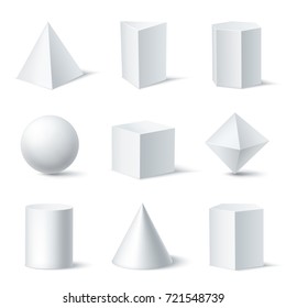 Realistic white geometric shapes set with nine isolated solid body objects on clear background with shadows vector illustration