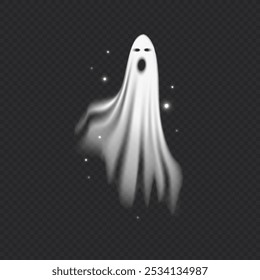 Realistic white ghost with sparkles vector illustration. Cartoon angry phantom silhouette, dead soul. Halloween spooky monster, scary spirit or poltergeist flying in night. Mystic spirit creature