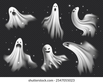 Realistic white ghost with sparkles vector illustrations set. Cartoon angry phantom silhouette, dead soul. Halloween spooky monster, scary spirit or poltergeist flying in night. Mystic spirit creature