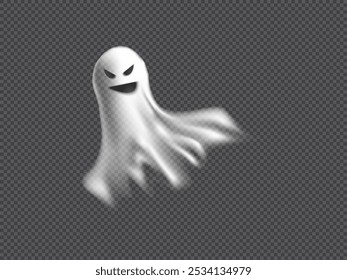 Realistic white ghost vector illustration. Cartoon angry phantom silhouette, dead soul. Halloween spooky monster, scary spirit or poltergeist flying in night. Mystic spirit creature