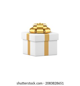 Realistic white gift box decorated by golden metallic bright detailed bow ribbon. 3d design elegant luxury squared cardboard present storage holiday celebration vector illustration