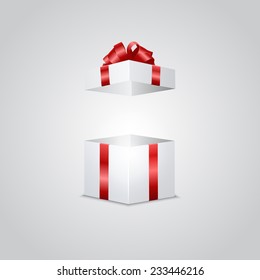 Realistic white gift box with magic light effect inside. Isolated. 