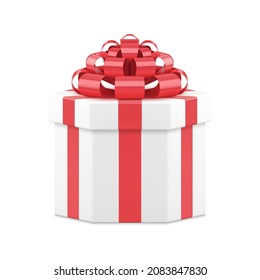 Realistic white gift box polygonal shape with red bow 3d template vector illustration. Elegant clean design of Valentines enamored present isolated. Desired surprise