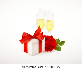 Realistic white gift box with red bow ribbon, two glasses of champagne and red rose isolated on white background. Design element for Happy Valentines Day greetings. Vector illustration EPS10