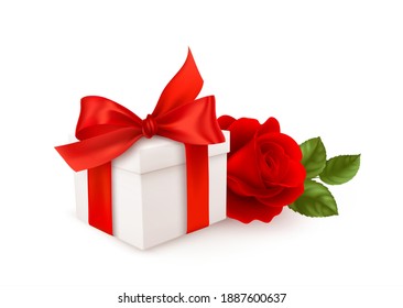 Realistic white gift box with red bow ribbon and red rose isolated on white background. Design element for Happy Valentines Day. Vector illustration EPS10