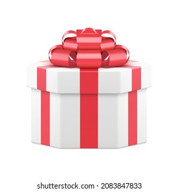 Realistic white gift box with red bow 3d template vector illustration. Wrapped white hexagon cardboard present decorated by red detailed ribbon isolated on white