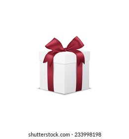 Realistic white gift box with red silk ribbon bow, isolated on white