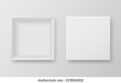 Realistic white gift box with shadow on grey background. Top view. Open and closed blank package cardboard boxes. Mockup template for present, gift, delivery. Vector illustration