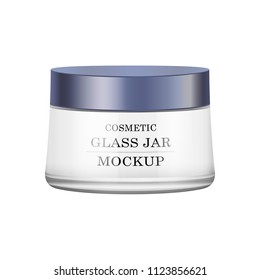 Realistic white glass jar with blue plastic lid for cosmetics - body cream, butter, scrub, bath salt, gel, skin care, powder. Premium product. Package template. Vector mock up
