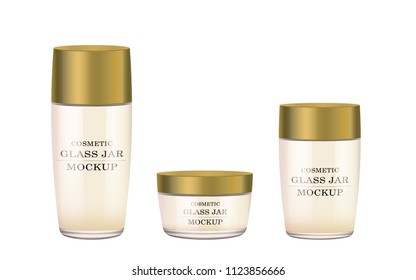 Realistic white glass jar with gold plastic lid for cosmetics - body cream, butter, scrub, foundation cream, gel, skin care, powder. Premium product. Package template. Vector mock up