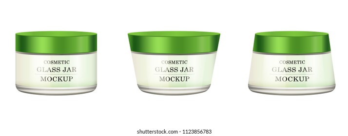 Realistic white glass jar with green plastic lid for cosmetics - body cream, butter, scrub, bath salt, gel, skin care, powder. Premium product. Package template. Vector mock up