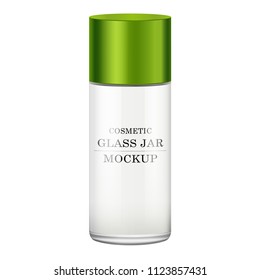 Realistic white glass jar with green plastic lid for cosmetics - body cream, butter, scrub, foundation cream, gel, skin care, powder. Premium product. Package template. Vector mock up