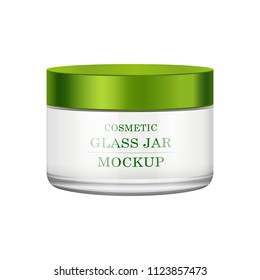 Realistic white glass jar with green plastic lid for cosmetics - body cream, butter, scrub, gel, skin care, powder. Premium product. Package template. Vector mock up