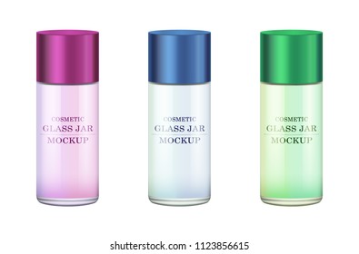Realistic white glass jar with plastic lid for cosmetics - body cream, butter, scrub, foundation cream, gel, skin care, powder. Premium product. Package template. Vector mock up set