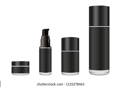 Realistic white glass jar with plastic lid for cosmetics - body cream, butter, scrub, foundation cream, gel, skin care, powder. Premium product. Package template. Vector mock up set