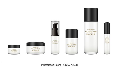 Realistic white glass jar with plastic lid for cosmetics - body cream, butter, scrub, foundation cream, gel, skin care, powder. Premium product. Package template. Vector mock up set