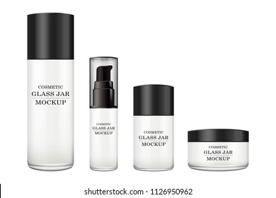 Realistic white glass jar with plastic lid for cosmetics - body cream, butter, scrub, foundation cream, gel, skin care, powder. Premium product. Package template. Vector mock up set