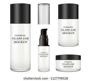Realistic white glass jar with plastic lid for cosmetics - body cream, butter, scrub, foundation cream, gel, skin care, powder. Premium product. Package template. Vector mock up set