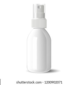 Realistic white glossy glass or plastic Cosmetic bottle can sprayer container. Dispenser cockup template for cream, soups, and other cosmetics or medical products. Vector illustration.
