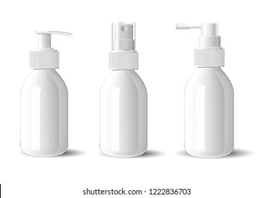 Realistic white glossy glass or plastic Cosmetic bottles dispenser spray pump container. Mockup template for cream, soups, and other cosmetics or medical products. Vector illustration.