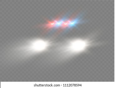 Realistic white glow of round beams of car headlights, isolated against a background of transparent gloom. Vector bright train lights for your design. Easy light flash .Vector illustration.