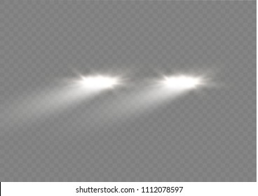 Realistic white glow of round beams of car headlights, isolated against a background of transparent gloom. Vector bright train lights for your design. Easy light flash .Vector illustration.