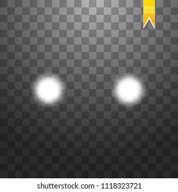 Realistic white glow of round beams of car headlights, isolated against a background of transparent gloom. Vector bright train lights for your design. Easy light flash