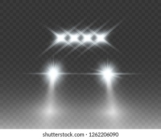 
Realistic white glow round beams of car headlights, isolated on transparent background. Police car. Light from headlights. Police patrol.